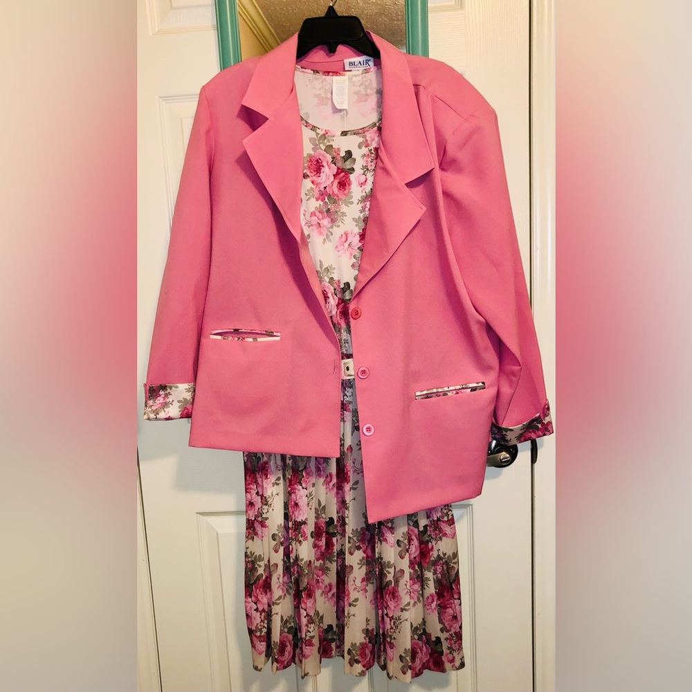 Vintage Blair Pink Floral 3-Piece Set — Dress, Belt & Blazer — Size XLGPT 🌸